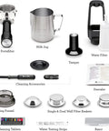Accessories for Super Solid Game Changer All In One Espresso Machine With Built In Grinder including portafilter, milk jug, and cleaning tools.