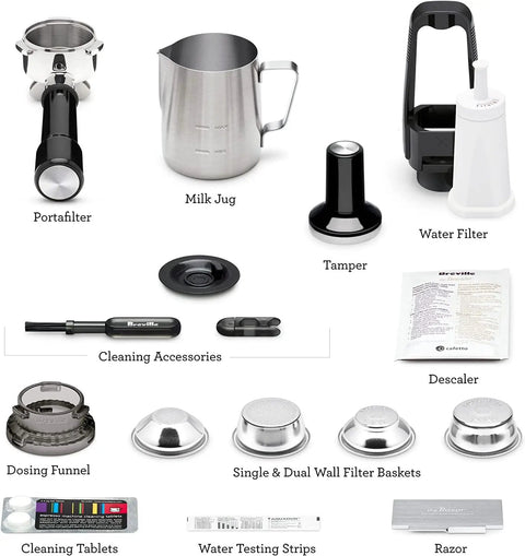 Accessories for Super Solid Game Changer All In One Espresso Machine With Built In Grinder including portafilter, milk jug, and cleaning tools.