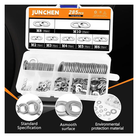285 Piece Stainless Steel Fender Washer Kit M2 To M10 Flat Round Washers in open storage box showing organization and variety