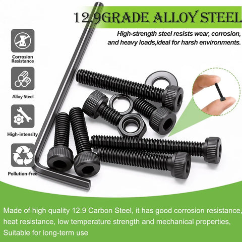 380 Piece M4 Hex Socket Head Cap Bolts Set With 6mm 8mm 12mm 16mm 20mm 30mm Lengths, 4mm Thread, 12.9 Grade Alloy Steel, Galvanized Finish