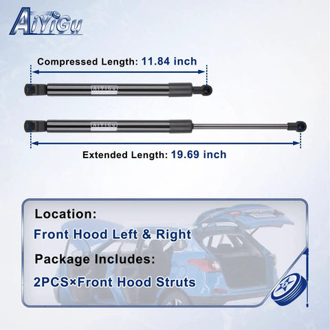 Volkswagen Front Hood Struts Set Dual Gas Spring Lift Supports for 1998-2005 Golf, Cabrio, Jetta, image showing dimensions