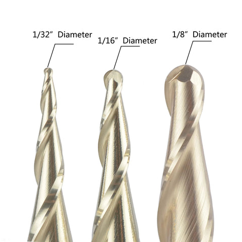SpeTool 3-piece carbide ball-nose router bit set with 1/32, 1/16, and 1/8 in diameters