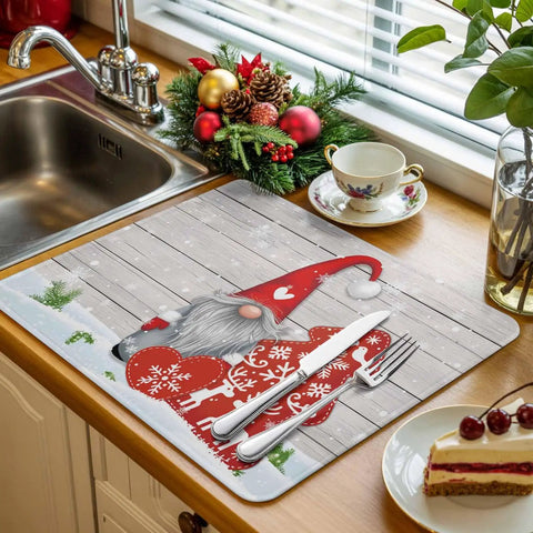 Cozy Christmas Dish Drying Mat For Kitchen Counter With Gnome And Snowflake Wood Grain Design Ultra Absorbent Microfiber