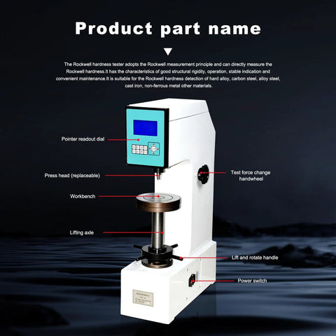 Heavy Duty Digital Rockwell Hardness Tester For Plastic Testing Automatic Electric Power Operation Cuts Out Human Error, featuring touchscreen and replaceable press head.