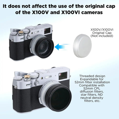 2in1 Pro Grade Metal Lens Hood With UV Filter for Fujifilm X100V X100VI cameras shown with original Fuji cap compatibility