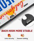 Close-up of stainless steel license plate bracket kit showing back hook stability for secure attachment