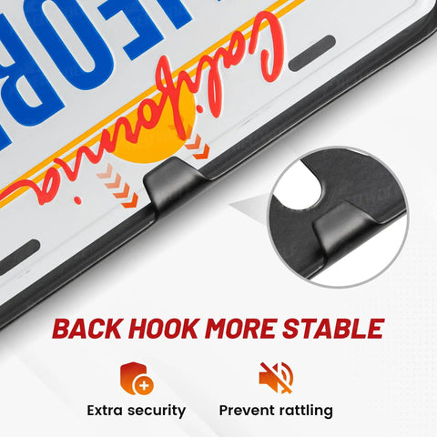 Close-up of stainless steel license plate bracket kit showing back hook stability for secure attachment