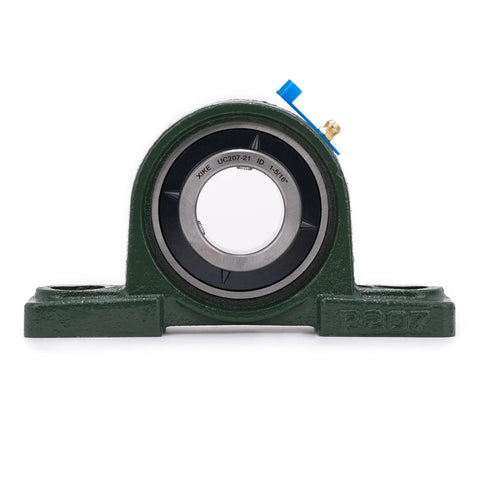 Two Pack Pillow Block Mounted Ball Bearings UCP20721 Bore One And Five Sixteenths Inches Cast Iron Housing With Rust Resistant Paint Self Aligning Chrome Steel Sealed Bearings Easy Install Durable Shaft Alignment Low Maintenance Cost Saving, front view
