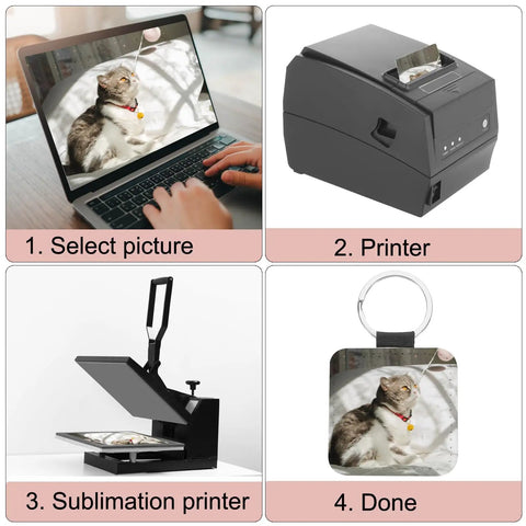 DIY process for 12 Pack White Sublimation Keychain Blanks Squares 1.97 Inch Double Sided PU Leather with heat transfer steps.