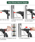 5-step guide using 3 In 1 Do It All Rivet Nut Tool Kit With Swivel Head for sheet metal repairs and installation process demonstration.