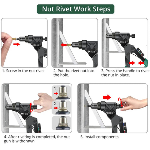 5-step guide using 3 In 1 Do It All Rivet Nut Tool Kit With Swivel Head for sheet metal repairs and installation process demonstration.