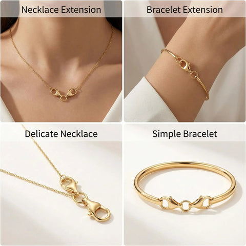Four jewelry visuals showing 24 Pack Gold Double Lobster Claw Clasps for Jewelry Making with necklace and bracelet use, 12mm size.