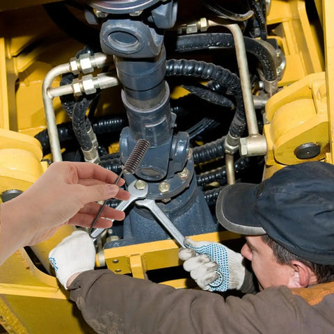 Heavy Duty Brake Adjustment Tool Kit With Metal Hold Down Springs And Pins For Drum Brakes In Construction Machinery, Beefed Up Friction Stability, Quick Spring Tool For Fast Stops, And Easier Loader Disc Brake Access. Metal spring tool used on loader brake assembly.