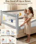 Queen Size Toddler Bed Guard Rails 3 Pack With Headboard Rod shown in adjustable position with mother holding child