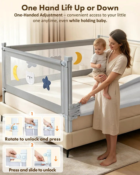Queen Size Toddler Bed Guard Rails 3 Pack With Headboard Rod shown in adjustable position with mother holding child
