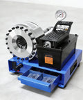 Heavy Duty Electric Hydraulic Hose Crimper Kit With Eight Precision Swage Dies For Fuel Lines And Ac Tubing Repairs in blue, showcasing precision components.