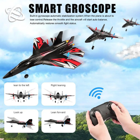 SU27 RC Airplane With 2 Batteries 2.4GHz 6 Axis Gyro Stabilizer No Brainer Ready To Fly Fighter Glider illustrated with controller and flight angles on a sky background