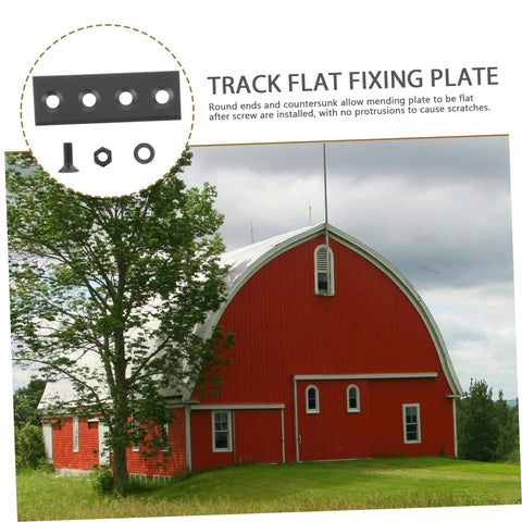Sliding Barn Door Latch Lock Hardware Kit With Beefy Heavy Duty Track Connector And Fixing Bracket Set For Barn Doors Easy Install Durable Metal Construction For Smooth Quiet Sliding with track flat fixing plate in a countryside scene.