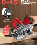 Six Inch Cordless Mini Circular Saw Equipped With Brushless Motor And 5900 Rpm Delivers Smooth Cuts And Cuts Straight Through Pine Lumber While Playing Nice With Existing Milwaukee Batteries, showing 0-45° bevel capacity and angle adjustment.