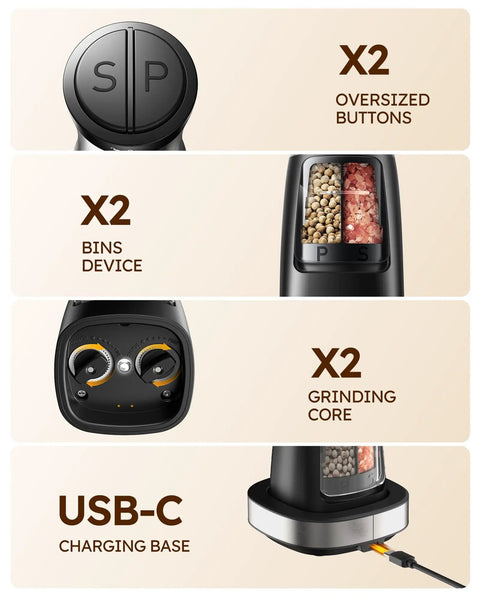 2 In 1 Rechargeable Salt And Pepper Grinder Set With USB C Charging Base One Handed Automatic Grinders Dual Chamber Refillable