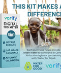 4-In-1 TDS Meter Digital Water Tester package and child using a tap outdoors
