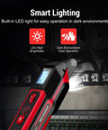 Rechargeable Circuit Breaker Finder With LCD Display And GFCI Outlet Tester, NCV Electric Tester in use with LED flashlight in dark panel