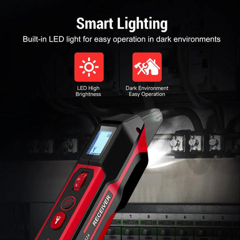 Rechargeable Circuit Breaker Finder With LCD Display And GFCI Outlet Tester, NCV Electric Tester in use with LED flashlight in dark panel