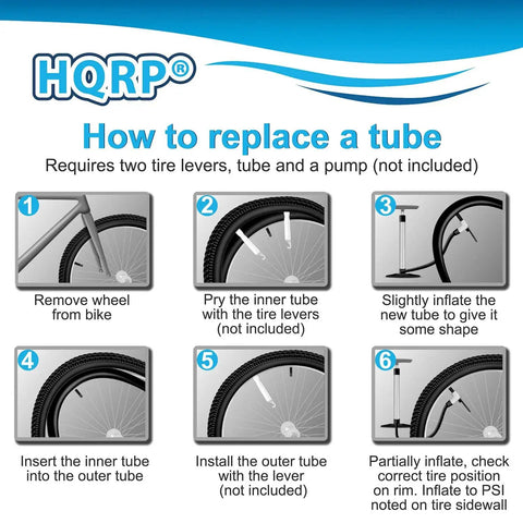 Instructions showing how to replace a bike tube with 20 Inch Bike Inner Tube Fits 20 X 2.5 To 3.0 Tires With 33mm Schrader Valve