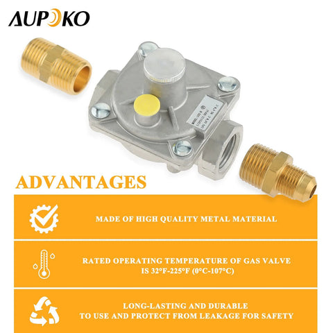 Front view of Aupoko 1/2-inch gas pressure regulator with brass 1/2-inch NPT adapters and metal body.