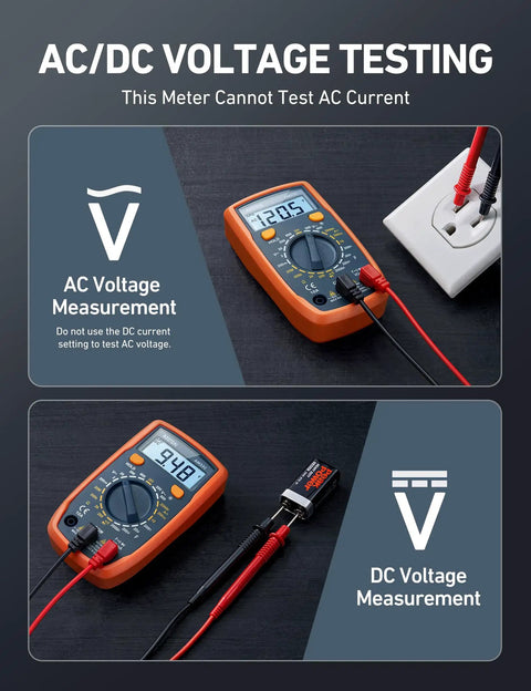 Orange Digital Multimeter With Capacitance Measurement And 2000 Counts For DC AC Voltage, Current, Resistance, Continuity And Diode Testing, Range 200nF To 2000μF, Handy Ohm Meter For Home And DIY Electronics, shown measuring AC and DC voltage