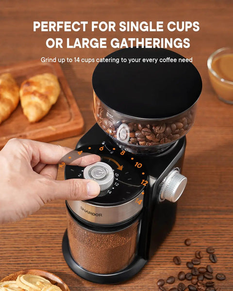 SHARDOR Electric Burr Coffee Grinder 2.0 Automatic Bean Mill For Home with adjustable settings and glossy black design
