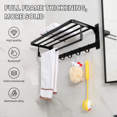 Pro Grade Heavy Duty Aluminum Wall Mount Towel Rack With Shelf And Hooks 24 Inch Double Foldable Towel Bar Matte Black Bathroom Organizer