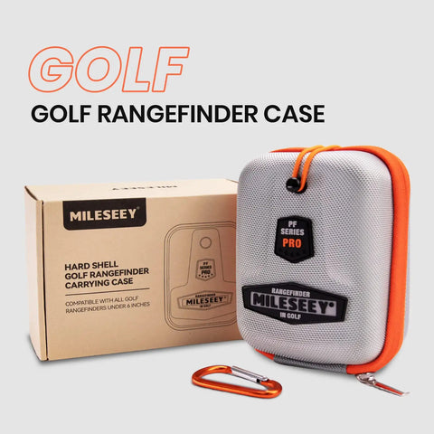 Hard Shell Golf Rangefinder Case With Universal Fit Holds Rangefinder And Two Golf Balls EVA Carry Case With Carabiner Clip Rugged Protective Box Compatible With Bushnell Callaway TecTecTec next to packaging