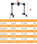 Portable Aluminum Gantry Crane 2204 Pounds Capacity Mobile Workshop Hoist dimensions chart with adjustable height options.