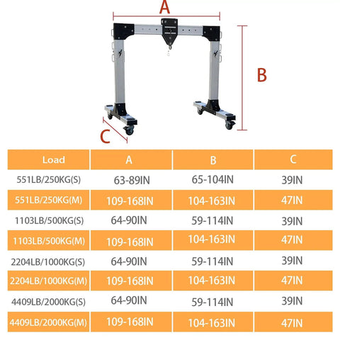 Portable Aluminum Gantry Crane 2204 Pounds Capacity Mobile Workshop Hoist dimensions chart with adjustable height options.