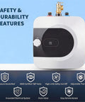 4 Gallon Mini Tank Under Sink Water Heater features safety and durability symbols, adjustable thermostat and valves.