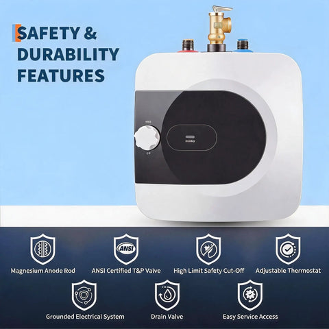 4 Gallon Mini Tank Under Sink Water Heater features safety and durability symbols, adjustable thermostat and valves.