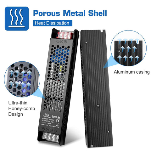 Ultra Slim 24V 400W LED Power Supply With Constant Voltage 110 To 130V AC Input 16.7A Output Aluminum Enclosure For LED Strip Lights Cabinet Lighting Signage And Display Lighting, honeycomb shell