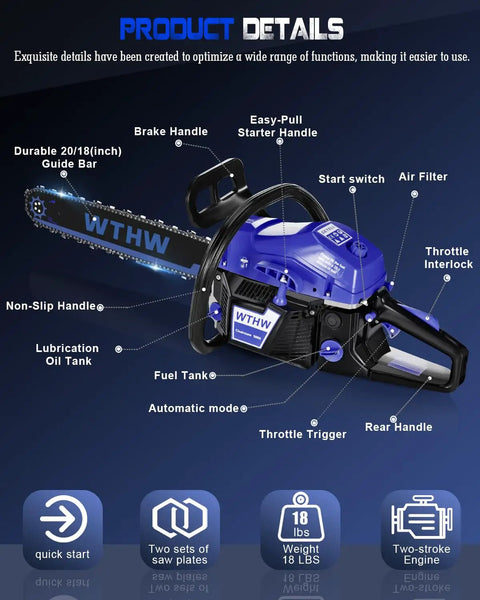 58cc Gas Powered Chainsaw With 20 Inch And 18 Inch Quick Switch Bars Large 550 Ml Fuel Tank And 260 Ml Oil Tank in blue