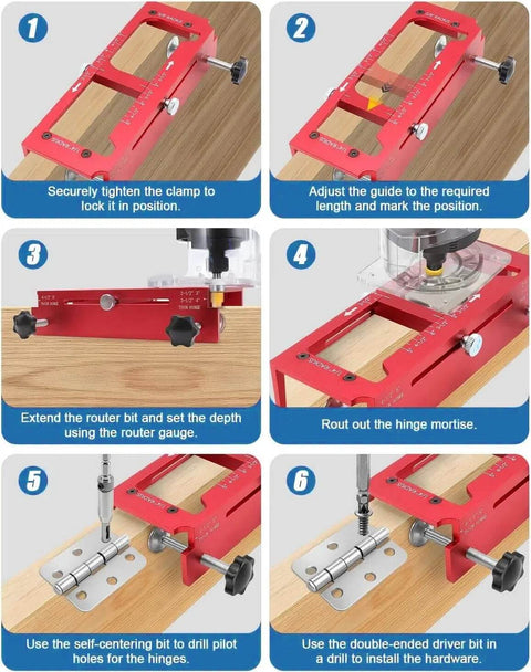 Pro Grade Door Hinge Router Jig Kit Durable Aluminum Mortise Template for doors, showing step-by-step installation process.
