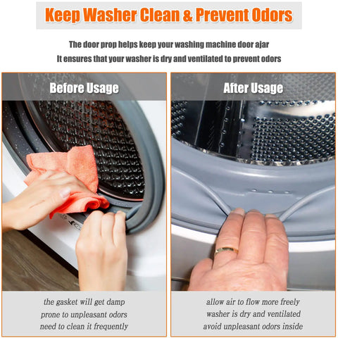 Before and after using Premium Magnetic Washer Door Prop for Front Load Washers, showing cleaner gasket and airflow improvement.