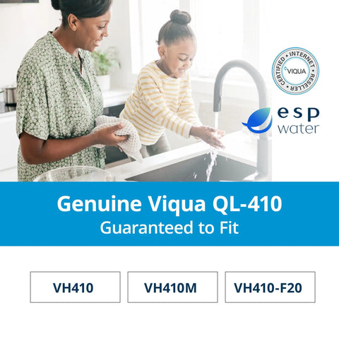 Mother and child washing hands, Genuine Viqua QL-410 ad with VH410 VH410M VH410-F20 models listed at bottom