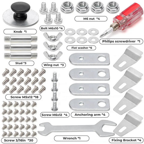 Outdoor Pyramid Patio Heater Hardware Replacement Kit With Bolt And Nut Set For Propane Patio Heaters Galvanized M5 Screws Knob Philips Screwdriver Included Easy Install Weather Resistant Fastener Pack For 4 Sided Pyramid Heaters displayed on a surface.