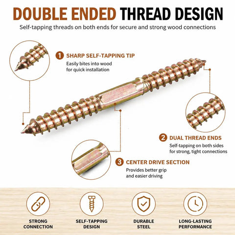 Close-up of 15 Piece M10x100 Double Ended Dowel Screws For Wood Self Tapping Hardware showing sharp tip and dual threads.