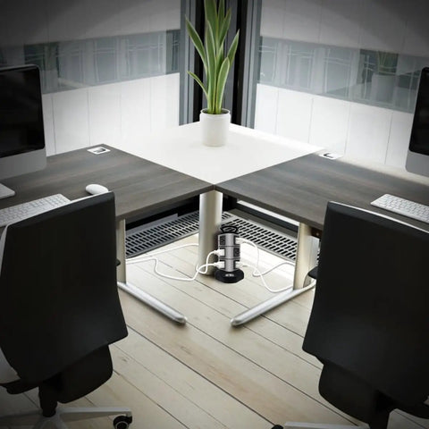 Office desk setup with Heavy Duty Power Strip Tower With 3000W Surge Protection And 10 Outlets Plus 4 USB Ports.