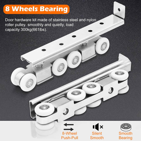 Built Tough Heavy Duty Sliding Barn Door Hardware Track Kit, Silver Closet Pocket Rail With 8 Wheel Hanger System