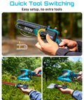 Person holding Cordless 8 In 1 Garden Tool Kit With Long Reach Pole Saw Hedge Trimmer Pruner And Grass Shears, displaying tool switching.