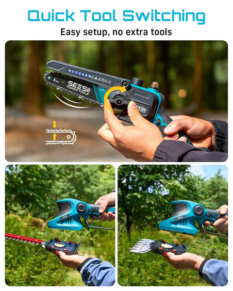 Person holding Cordless 8 In 1 Garden Tool Kit With Long Reach Pole Saw Hedge Trimmer Pruner And Grass Shears, displaying tool switching.