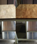 Before and after using Butcher Block Conditioner 12 Ounce 5 Pack for wood countertops, highlighting enhanced finish and moisture restoration.