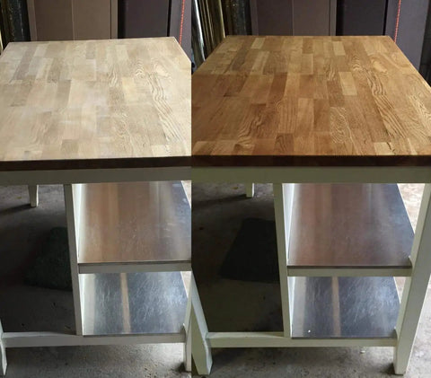 Before and after using Butcher Block Conditioner 12 Ounce 5 Pack for wood countertops, highlighting enhanced finish and moisture restoration.